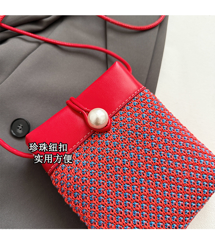 Retro patchwork woven mobile phone bag for women 2025 new summer fashion commuting single-shoulder crossbody pearl bucket bag Item Picture