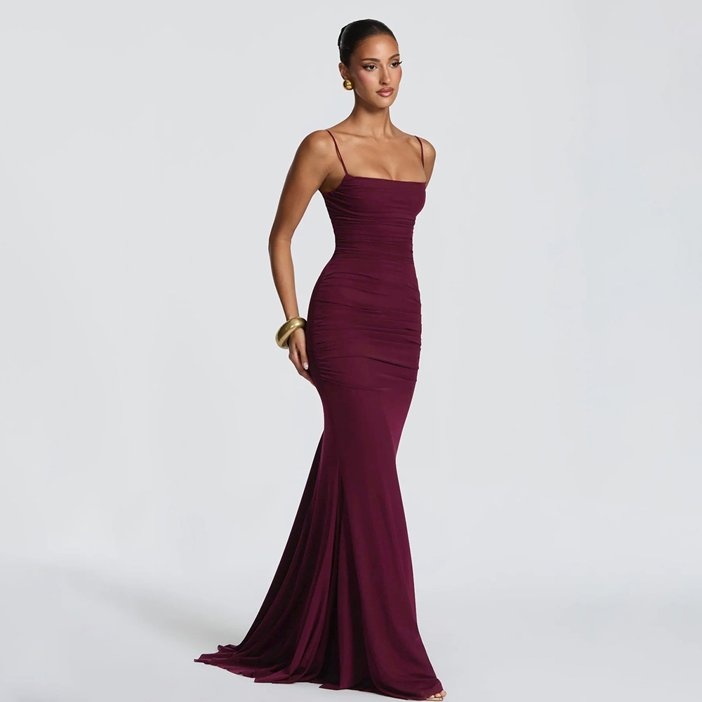 Amazon 2026 verano nuevo temperamento elegante color sólido sin mangas vestido de pecho largo correa delgado vestido de espalda abierta