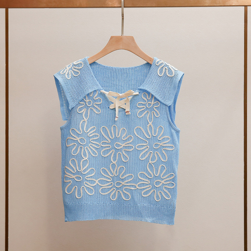 Shenzhen Nanyou High-End Women's Clothing Summer New Style Age-Reducing Fashionable Slimming Design Navy Collar Knitted Vest Top