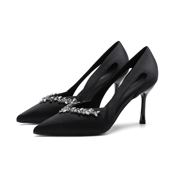 Sandal cao gót nữ mũi nhọn hở mũi đính đá rhinestone cổ chữ V — Màu đen
