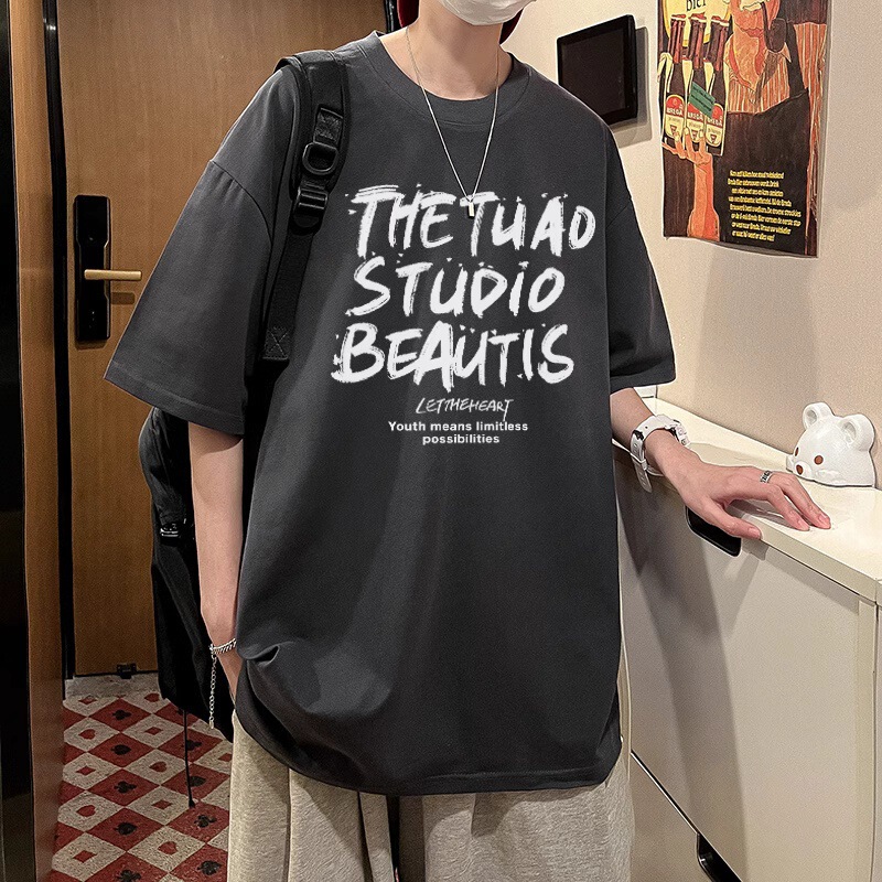潮牌純綿アルファベット半袖tシャツ男性夏のゆるいtシャツごろつきイケメンカップル上着丸襟tシャツ|undefined