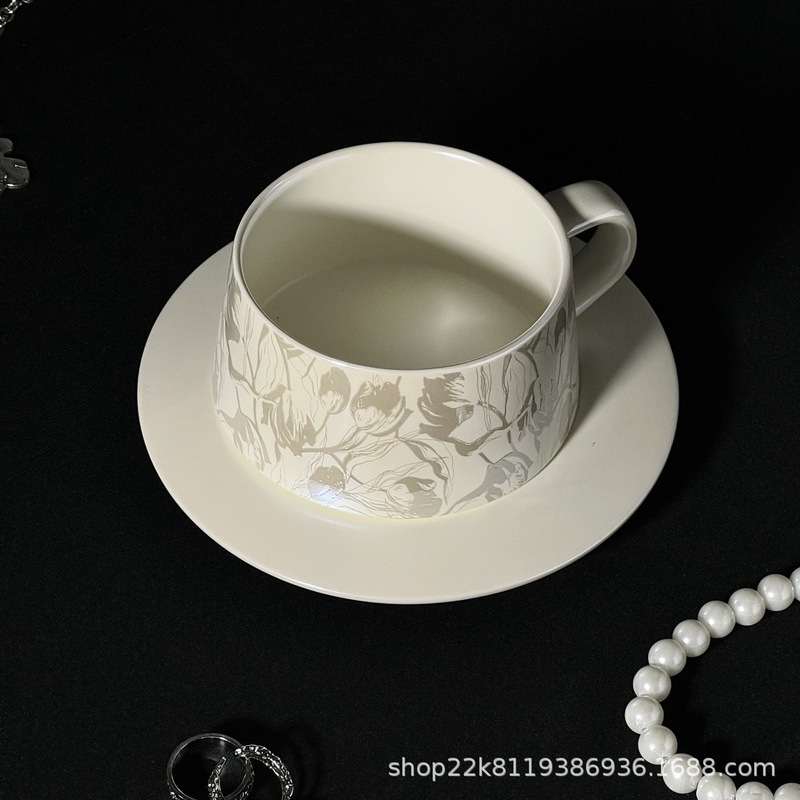 热卖中古风轻奢镀钛陶瓷咖啡杯碟银鹦繁花花面时尚INS风简约|undefined