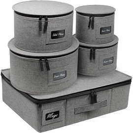 餐具碗碟收纳5件套灰色舞龙布茶杯收纳盒厨房餐盘碟大容量收纳袋