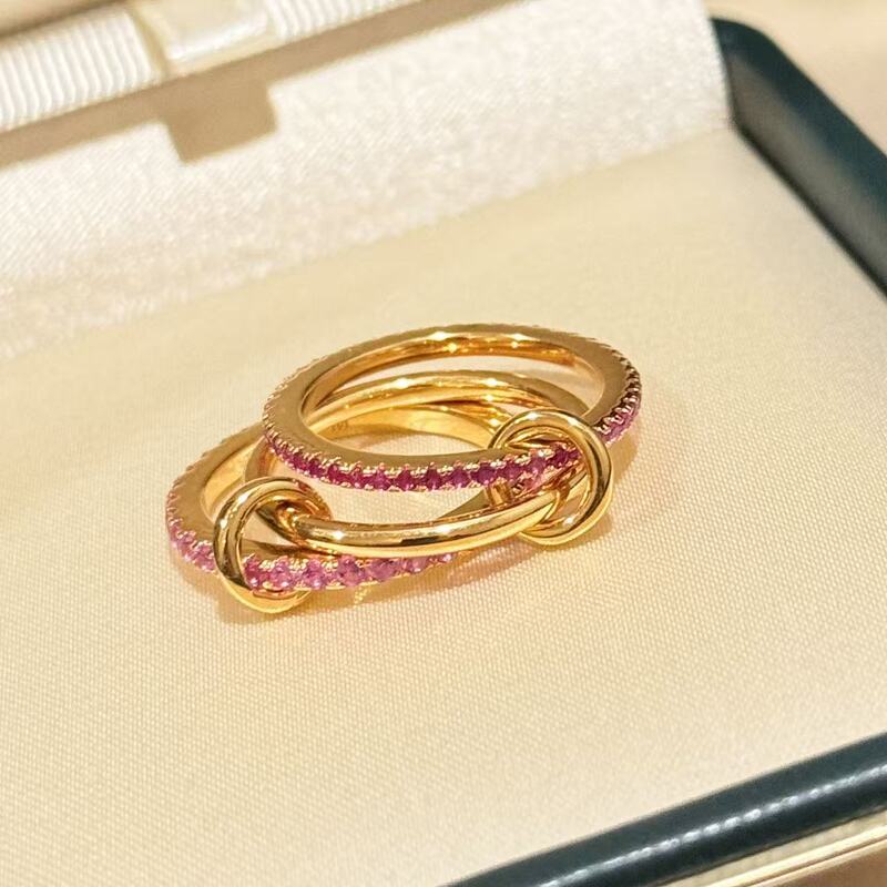 S925纯银 深粉浅粉三圈戒指环环相扣轻奢甜美玫瑰金|undefined