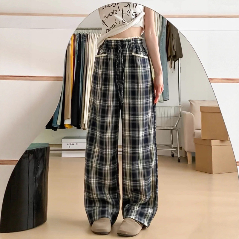 Vintage Plaid Casual Long Pants Spring and Autumn New Design Loose Straight Wide-Leg Pants Women's Trendy Wholesale