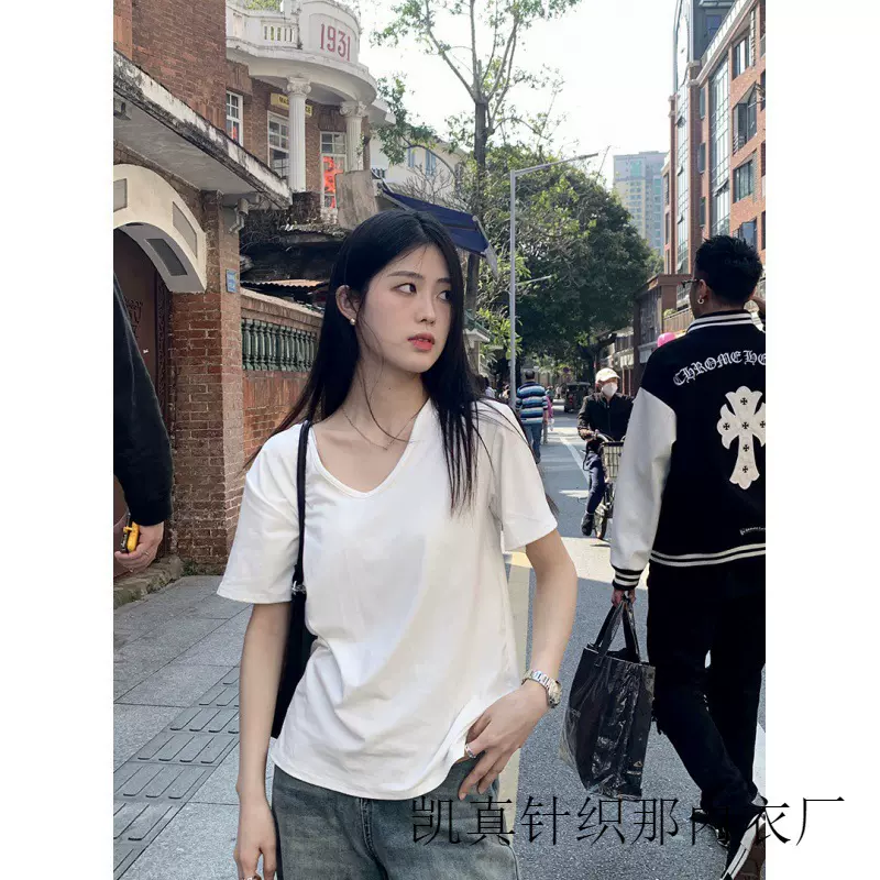 凯真夏季薄款V领短袖T恤女舒适宽松显瘦慵懒打底衫休闲上衣潮流女