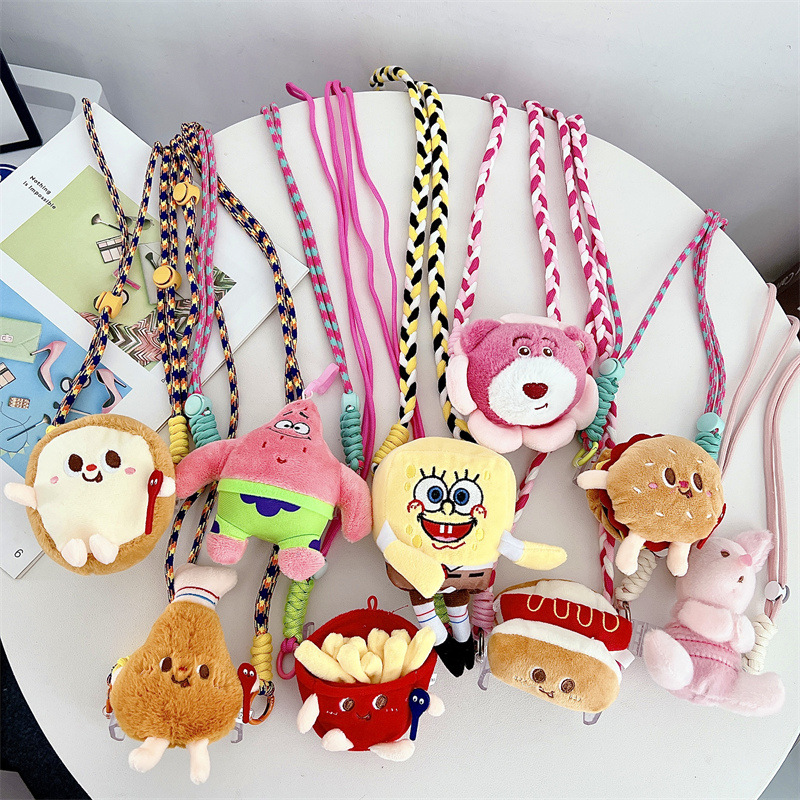 抖音爆款卡通毛绒手机背夹可爱公仔斜跨绳手工编织肩带防丢手机绳