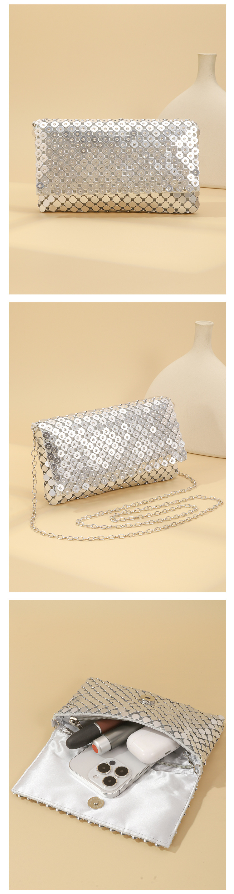 Aluminum Sheet Solid Color Sequins Evening Bags display picture 2