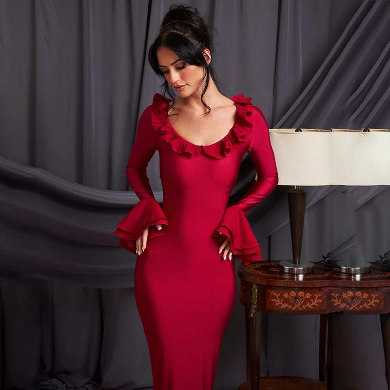 Sexy High Waist Mermaid Maxi Dress Elegant Flare Sleeve Hot Girl Evening Dress_ecoleips.com
