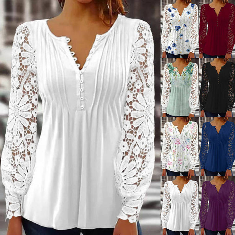 2026 Cross-Border European and American Spring and Autumn Fashion New Women's Lace-Trimmed Sleeve Pleated Solid Color Buttoned T-Shirt Base Shirt 2026 Cross-Border European and American Spring and Autumn Fashion New Women's Lace-Trimmed Sleeve Pleated Solid Color Buttoned T-Shirt Base Shirt