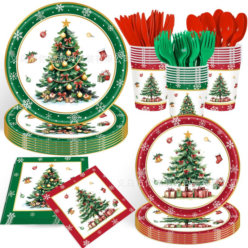 New Christmas Tree Holiday Party Disposable Paper Cups Paper Plates Paper Towels Red and Green Christmas Snowflake Decoration Supplies