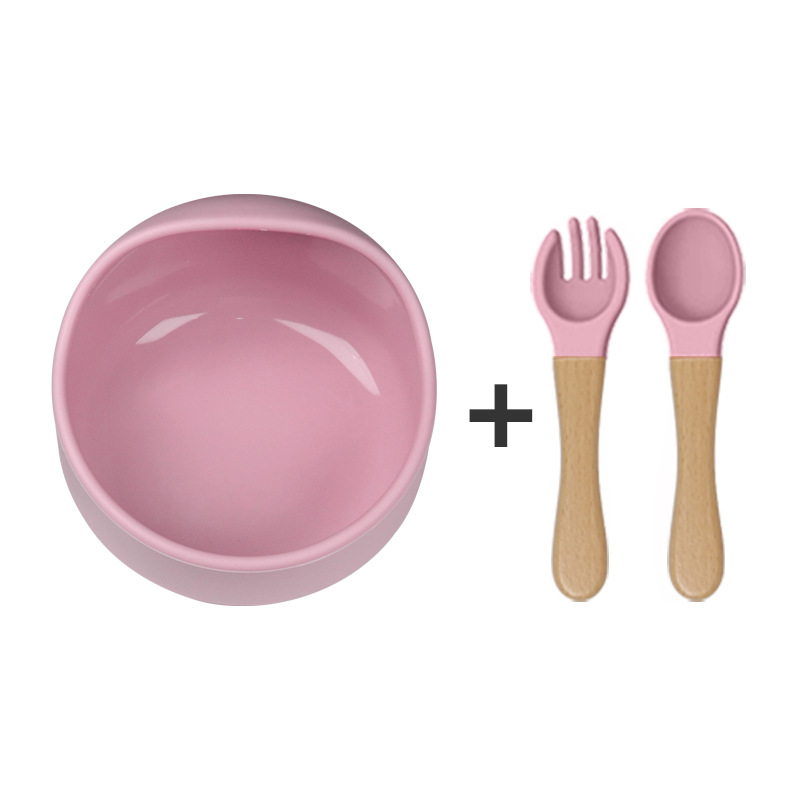가벼운 핑크 (실리콘 그릇 + 나무 포크 스푼)