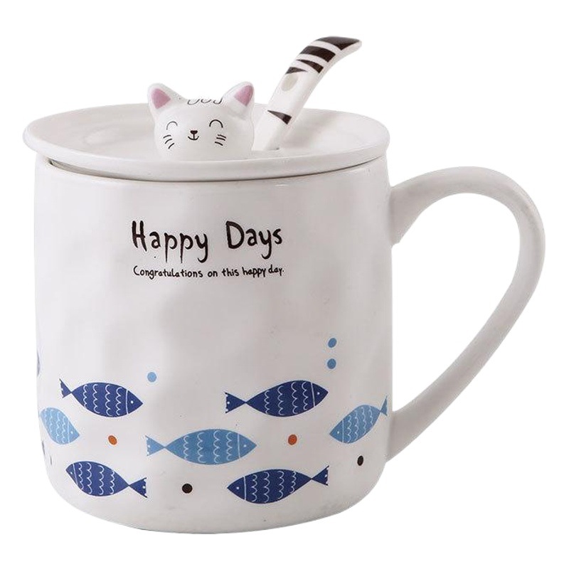 Taza de cerámica de estilo japonés lindo gato de dibujos animados de las mujeres creativas con tapa simple taza de leche taza de desayuno de los niños