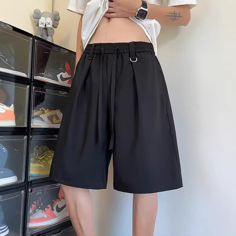 2026 Summer New Trendy Brand Black Thin Ice Silk Suit Shorts for Men, Straight-Cut, Drapey, Quick-Dry, Outerwear Five-Point Pants
