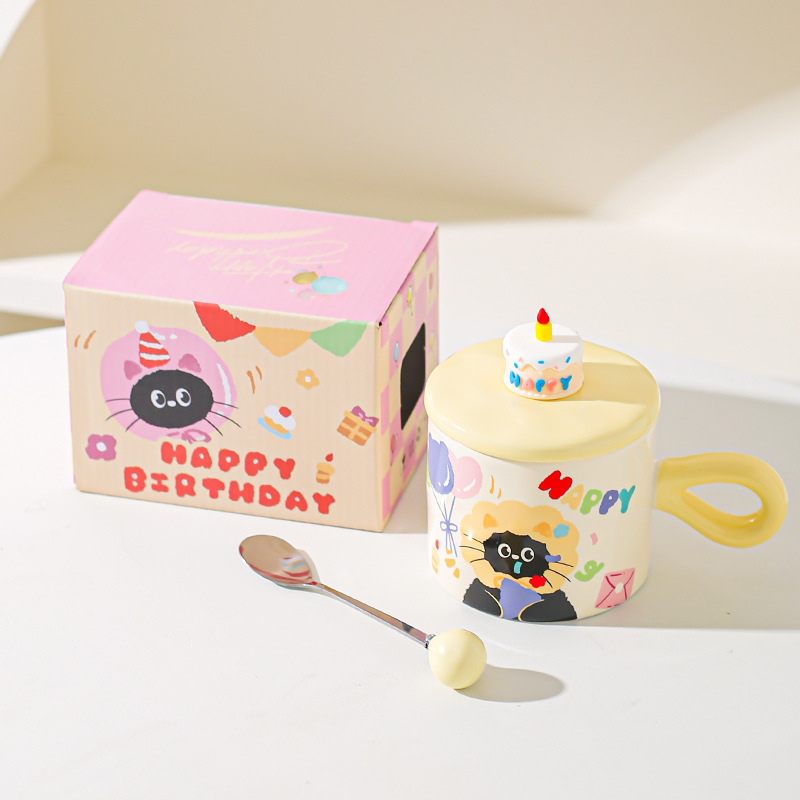 Caricatura encantadora gato cerámica taza de agua copas de alto valor caja de regalo regalo regalo de cumpleaños taza de desayuno