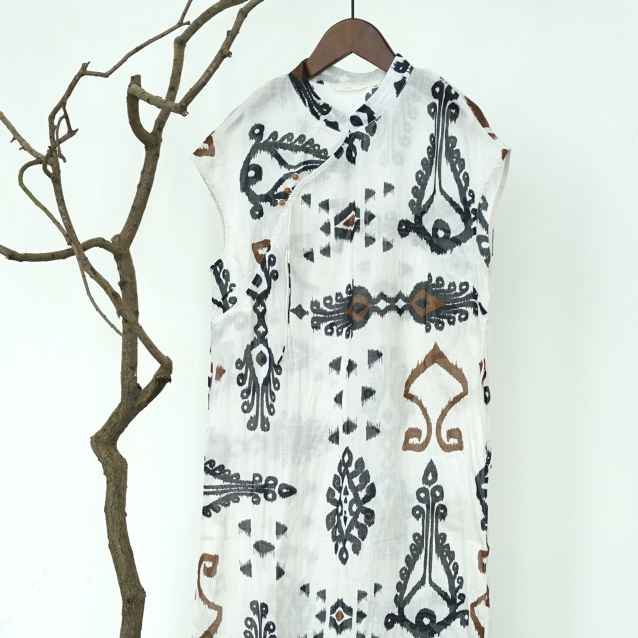 原创国风中式立领印花斜襟长旗袍 文艺显瘦苎麻显瘦连身裙L25259