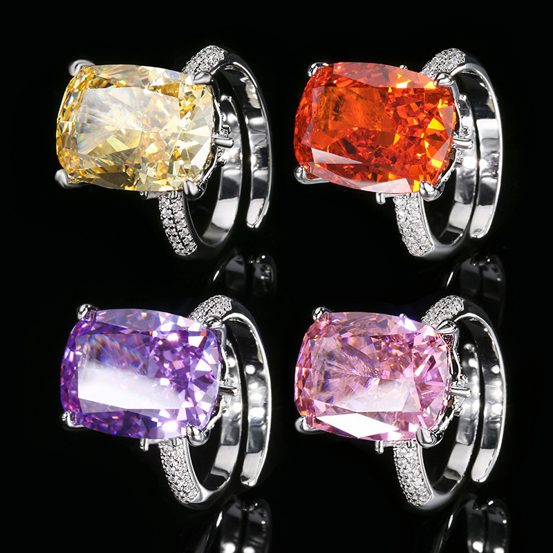 Otoño e invierno nuevo estilo Zhuang Shengsheng joyería fondo de cobre chapado en oro diamante de alto carbono flor de hielo diamante cuadrado con incrustaciones de cobre anillo de temperamento femenino 12*16