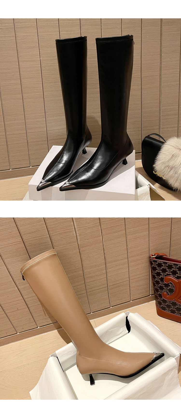 Bốt nữ cổ cao mũi nhọn kim loại co giãn, phong cách kỵ sĩ cao gót thon gọn — Màu kaki lót nhung chi tiết 26