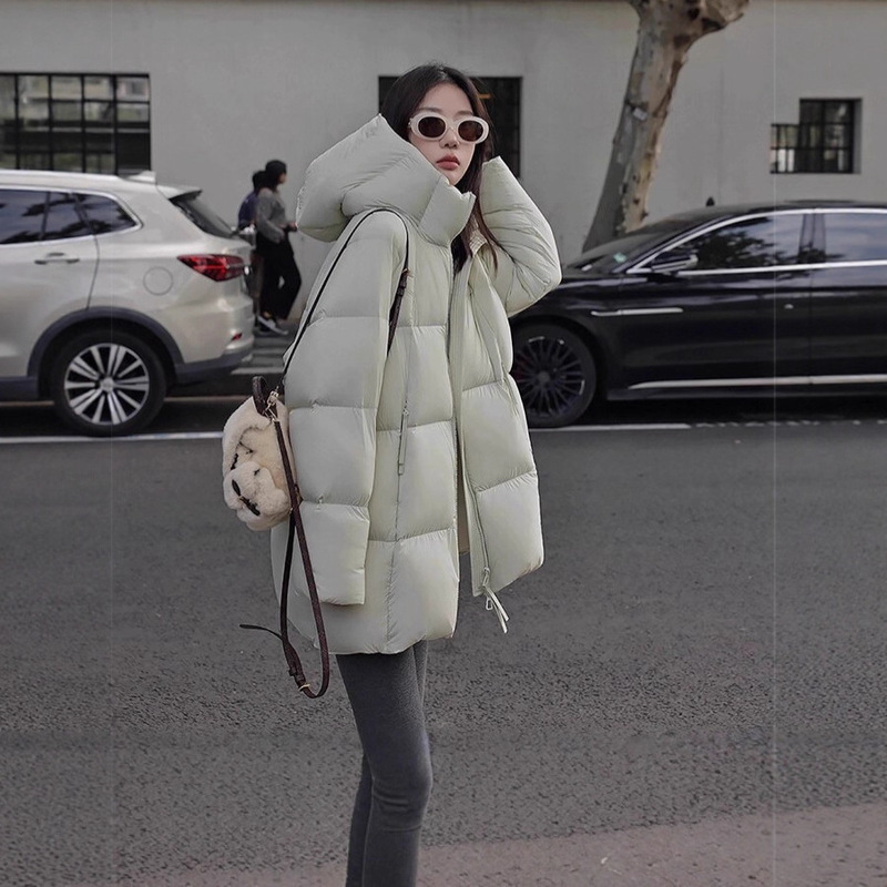 Bebe Ultra-Lightweight 90% White Duck down Thickened Warm Petite Loose Hooded Mid-Length down Jacket for Women