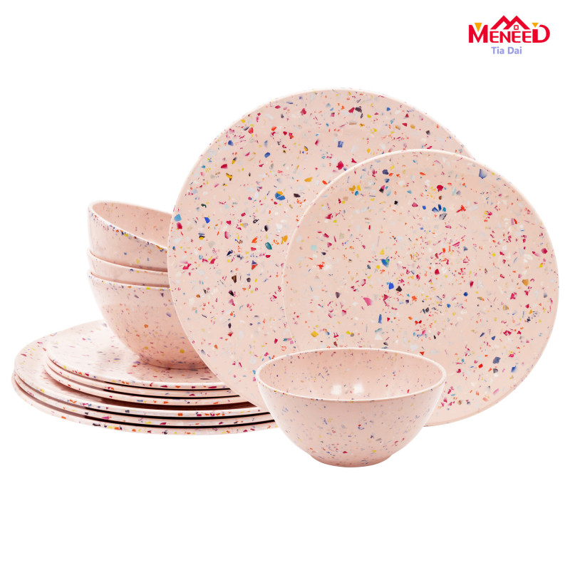 Melamine Colorful Spray Order Plate and Cereal Salad Ice Cream Bowl 12-Piece Melamine Tableware Set Can Be Customized