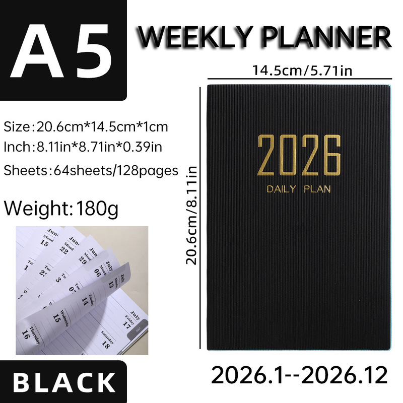クロスボーダー 2026 a5 薄型ウィークリーカレンダー 365 日デイリープラン スケジュールブック レザーカバー マンスインデックス 年間カレンダー|undefined