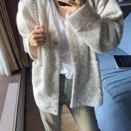 2024新款春秋季开衫毛衣外套女软糯宽松休闲V领设计感针织衫上衣
