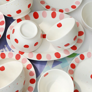 Retro red wave dot ceramic bowl plate high color value tableware New Year wedding new house housewarming gift rice bowl wholesale