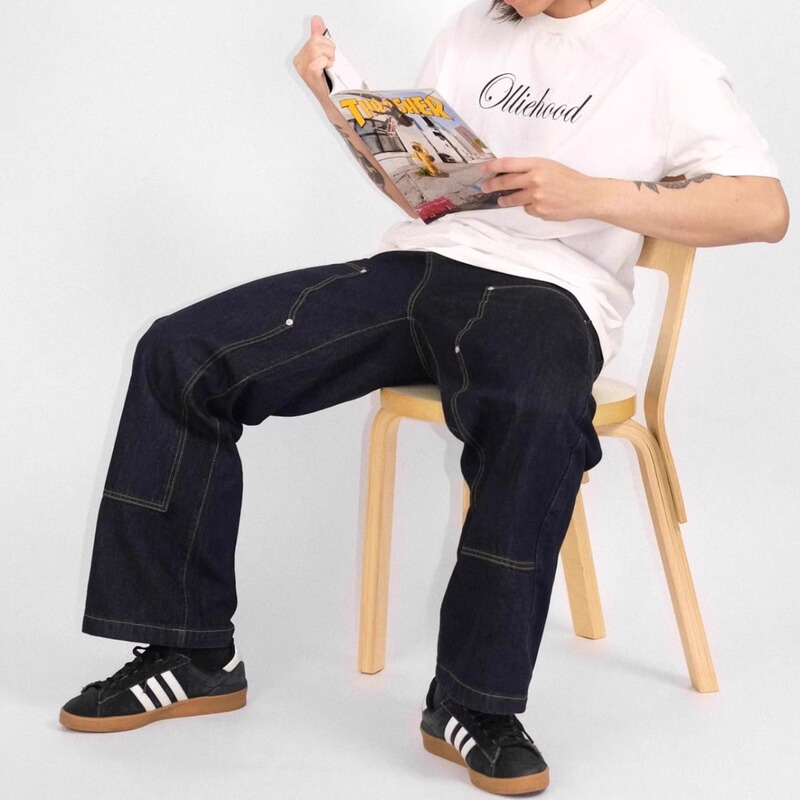 American Lumberjack Loose Street Skateboard Straight Washed Blue and Black Workwear Double Knee Denim Trousers