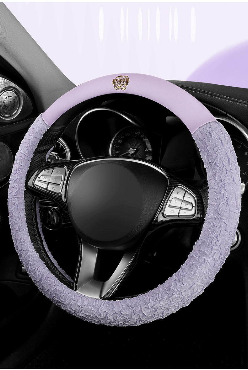 New All-Season Camellia Car Steering Wheel Cover, Delicate, Breathable and Wear-Resistant Pebbled Leather Soft Handle Cover