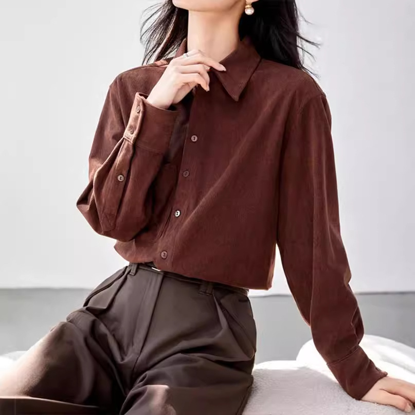 MAILLARD 스타일 다크 브라운 줄무늬 따뜻한 셔츠 여성의 2024 가을 캐주얼 우아한 작은 탑