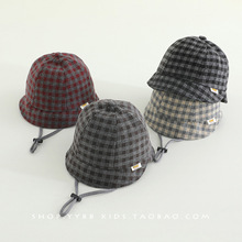 韩系儿童帽子秋冬季小宝宝渔夫水桶帽男女宝宝保暖复古格子盆帽潮
