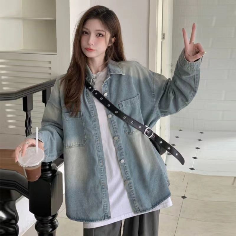 复古渐变色牛仔衬衫外套女春秋季叠穿内搭设计感小众宽松休闲衬衣