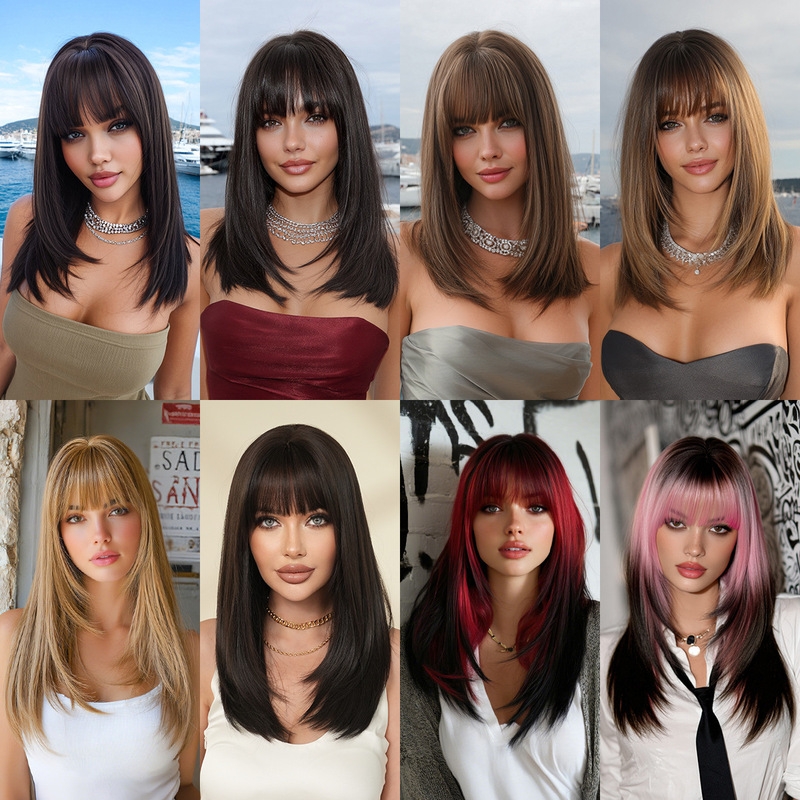 High-Quality 20-Inch Shoulder-Length Wig for Women, Natural Black Layered Wig, Natural Full Head Wig with Bangs, Straight Hair Export High-Quality 20-Inch Shoulder-Length Wig for Women, Natural Black Layered Wig, Natural Full Head Wig with Bangs, Straight Hair Export