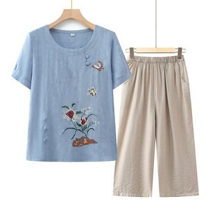 Mom Summer suit Embroidered Short-sleeved T-shirt Top Women's Middle-aged and Elderly Summer Women's Ethnic Cotton and Linen Two-piece Set