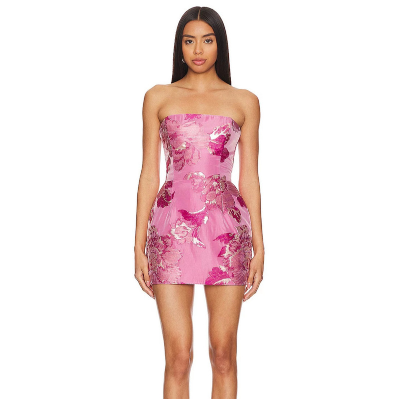 European and American style strapless dress with large floral jacquard, back zipper, waist-cinching A-line bodycon party dress European and American style strapless dress with large floral jacquard, back zipper, waist-cinching A-line bodycon party dress