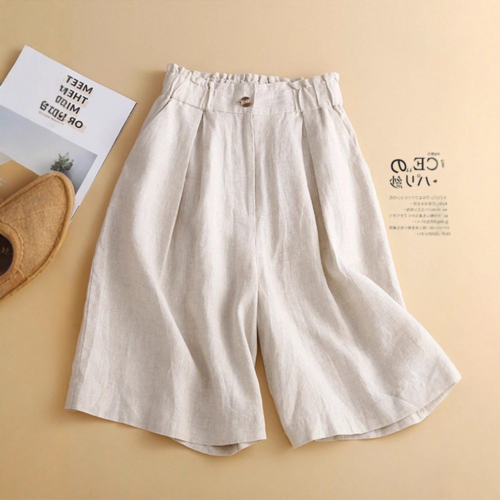 清仓捡漏~专柜撤回大牌剪标女亚麻短裤五分裤高腰休闲棉麻阔腿裤