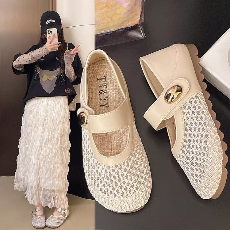2026 primavera y verano nuevo hueco ventilado malla de tela de tela suave tejida poco profunda zapatos de moda de una sola pieza