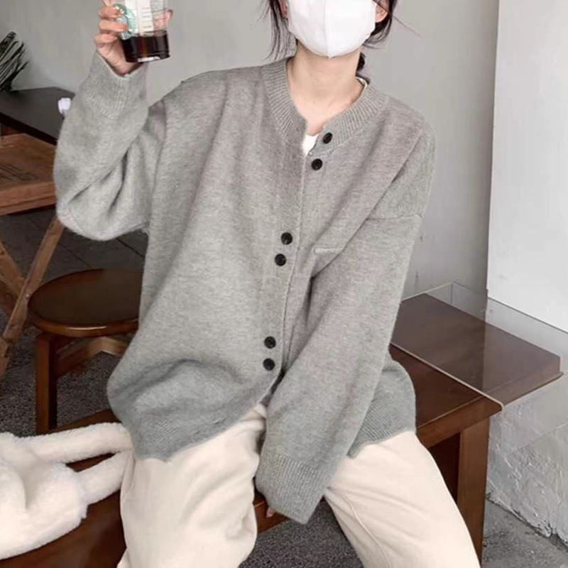 灰色宽松慵懒风日系针织开衫女秋冬软糯小香风毛衣外套设计感上衣|undefined