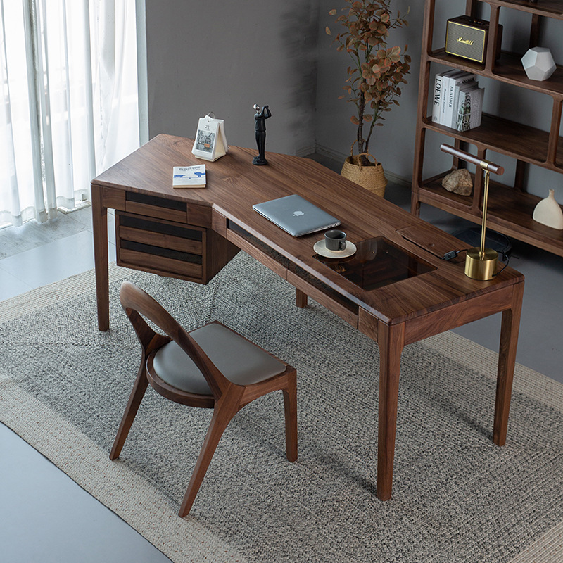 North American Black Walnut Desk, Light Luxury Solid Wood Office Desk, Modern Simple Cherry Wood Corner Multi-Functional Computer Desk