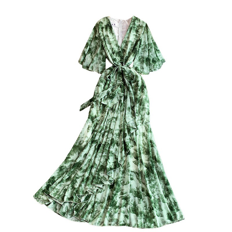French Style Bell Sleeve V Neck Printed Long Dress for Women Elegant Sophisticated Summer Dress_ecoleips.com