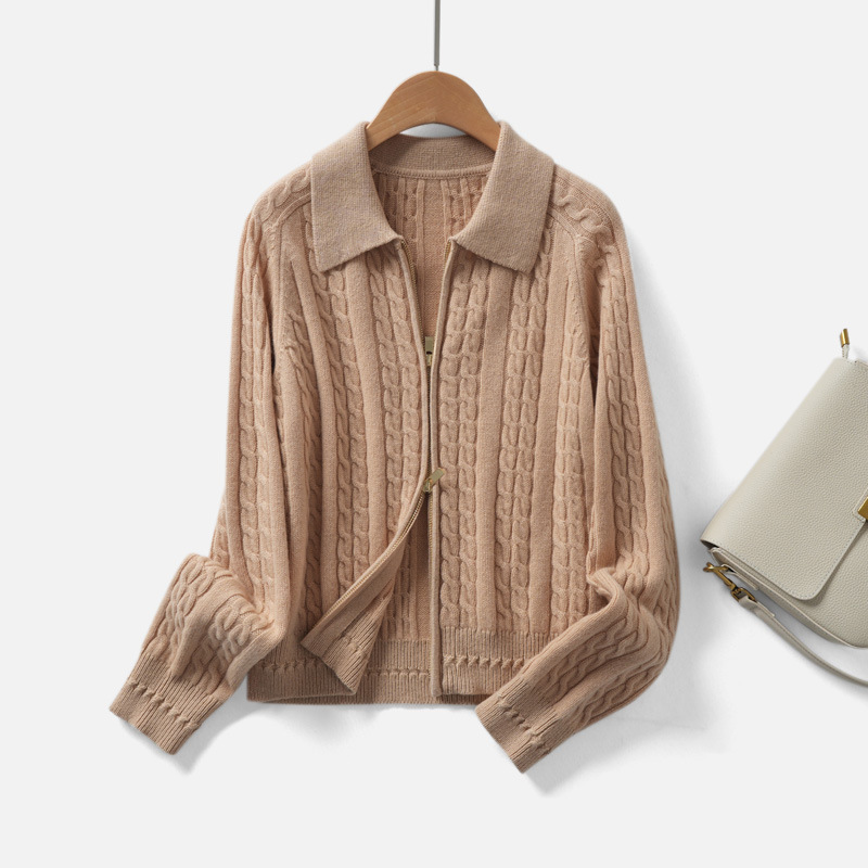 Marc O's Same Fashionable Double Zipper 100% Sheep Wool Knitted Cardigan Women's Autumn and Winter New Lapel Sweater Jacket Marc O's Same Fashionable Double Zipper 100% Sheep Wool Knitted Cardigan Women's Autumn and Winter New Lapel Sweater Jacket