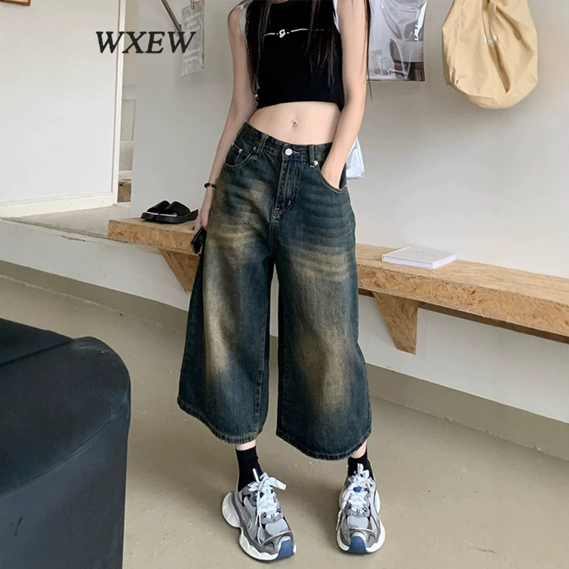 American-Style High Street Wide-Leg Cropped Jeans for Women, Summer Vintage High-Waisted Loose Straight-Leg Slimming Mid-Length Pants Trendy