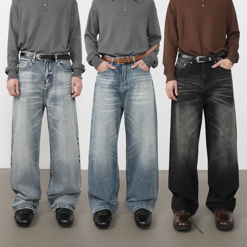 Quần jeans nam ống rộng lưng giữa, dáng suông thoải mái, chất denim washed — màu xanh, màu xanh nhạt, màu xám đen