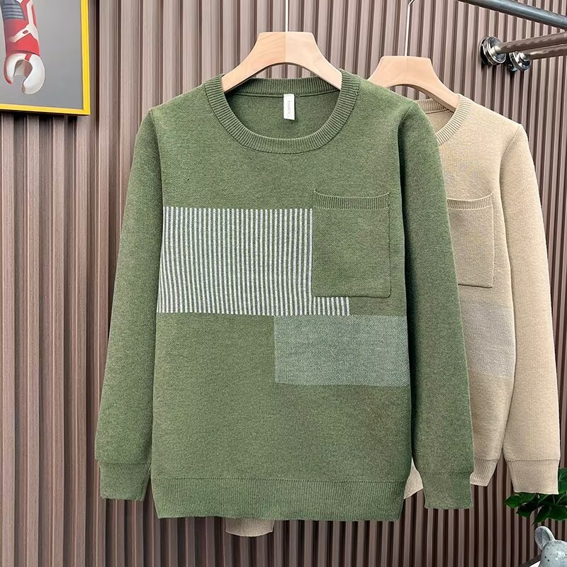 „Gestreifter Herren-Strickpullover mit Farbblockmuster – Trendiger Rundhalspullover, Schwarz/Grün/Khaki, lässiges Langarmshirt für kühlere Jahreszeiten“_voghion.com