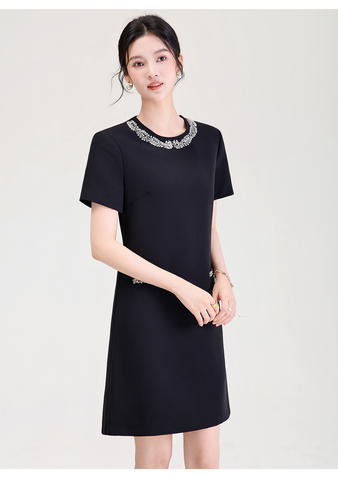 Đầm ngắn tay đính cườm thiết kế Pháp phong cách tiểu thư lãng mạn — màu đen chi tiết 19