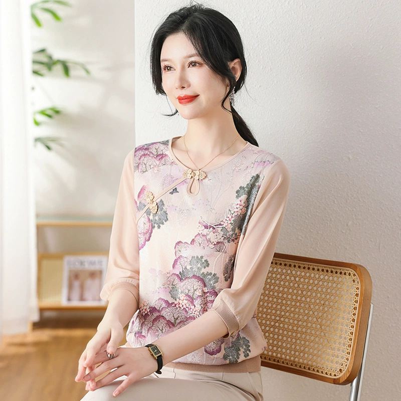 Маленькая рубашка для мамы, женская тонкая нижняя рубашка среднего и пожилого возраста, топ, футболка с пряжкой в китайском стиле, нижняя рубашка, Женская Весенняя Новинка