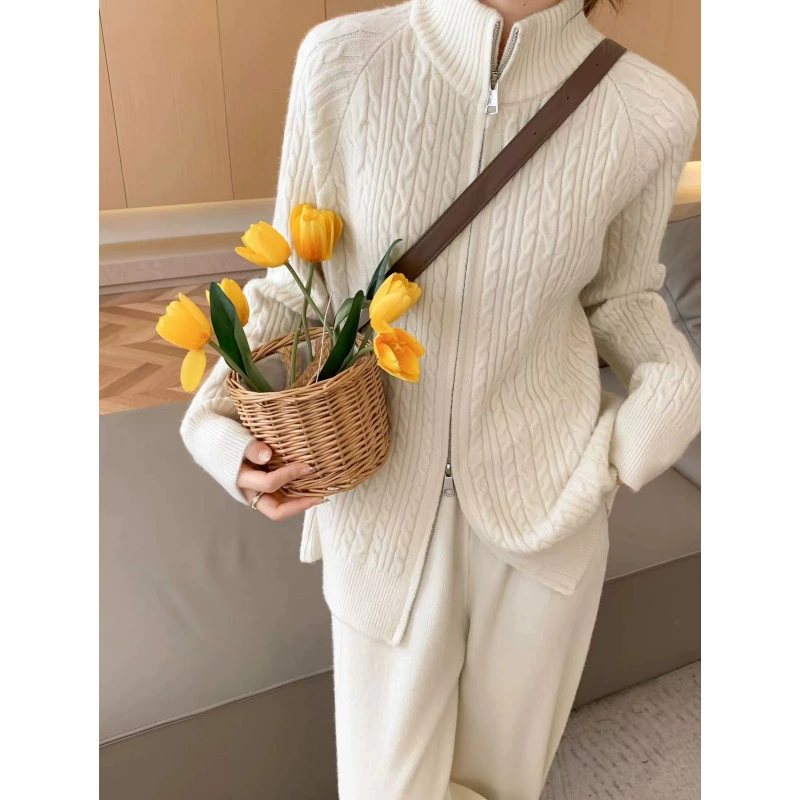 Свиток свитер свитер с воротником-молнией женский осенний и зимний новый вязаный свитер повседневные брюки набор из двух частей