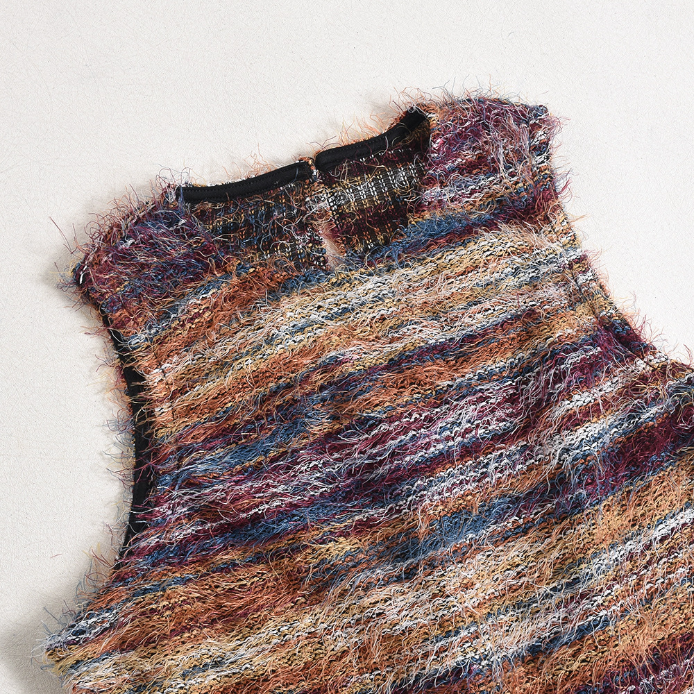 Women Clothing Sleeveless Tight Sexy Color Block Hollow Out Cutout Yarn Dyed Fluff Jumpsuit