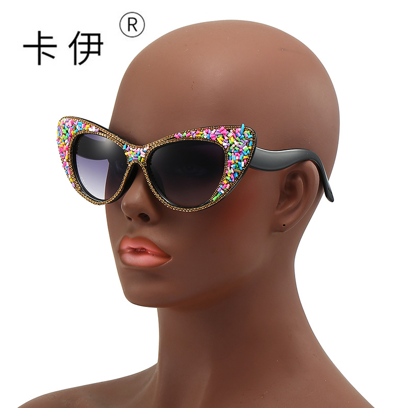 新款時尚潮流鑲鑽大貓眼太陽鏡蛋糕碎裝飾個性歐美舞會墨鏡跨境批