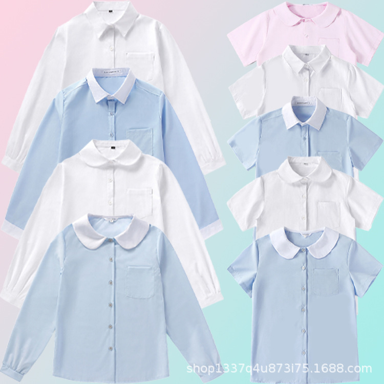 College Style Class Uniforms, Round Neck Long and Short-sleeved Shirts, Doll Collar Women's Shirts, Blue Kindergarten Pill Placket COS Clothes